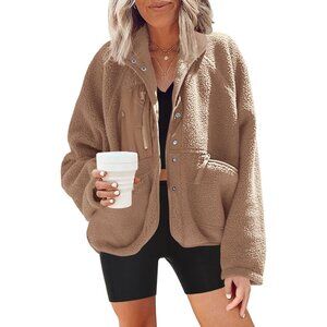Womens Fuzzy Fleece Jacket Button Down Sherpa Coats Casual Winter Warm Outwear w